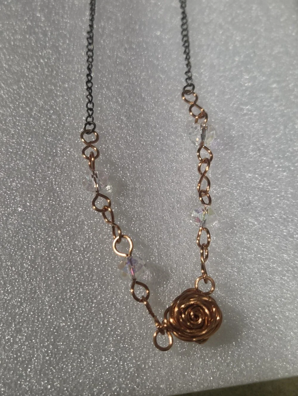 Handcrafted Copper Rose Necklace with Clear Crystal Accents